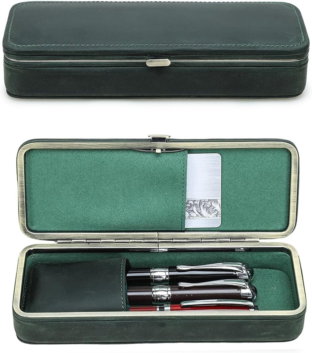 Handgemaakte multifunctionele lederen etui met 3 vulpennen en kaartsleuf, vintage pennenetui met drukknoopsluiting, groen