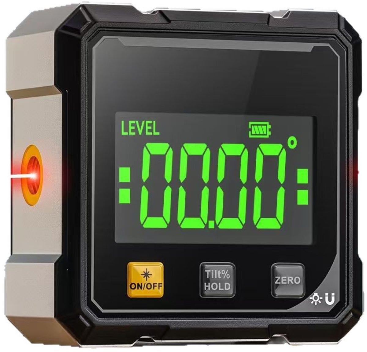 Digitale laser waterpas met LCD-display en magnetische hoekmeter, zwart en zilver, IP54 waterdicht