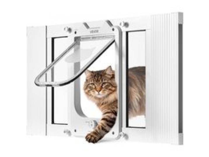VEVOR Katzenklappe Katzentür Anpassbar an Fensterbreiten (584-711 mm), Wetterfeste Haustiertür mit 4 sicheren Verriegelungsmodi & Aluminiumrahmen & Hochtransparentem Glas & Magnetverschluss, Weiß