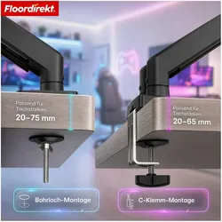 Floordirekt Gasdruckfeder Monitorarm (Tisch, 32", 10 kg), Monitor Halterung, Schwarz