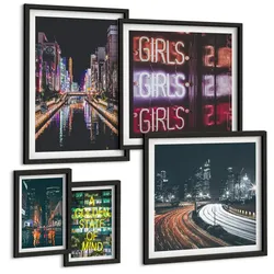 BILDER SET 5er Set - 50x50 cm & 20x30 cm & 40x60 cm Schwarzer Rahmen - Neonreklamen in der Stadt bei Nacht