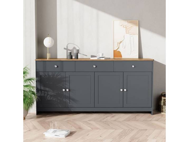 Buffet bas - SOGEU - gris noir veinage bois - 4 portes - 3 tiroirs - étagères réglables