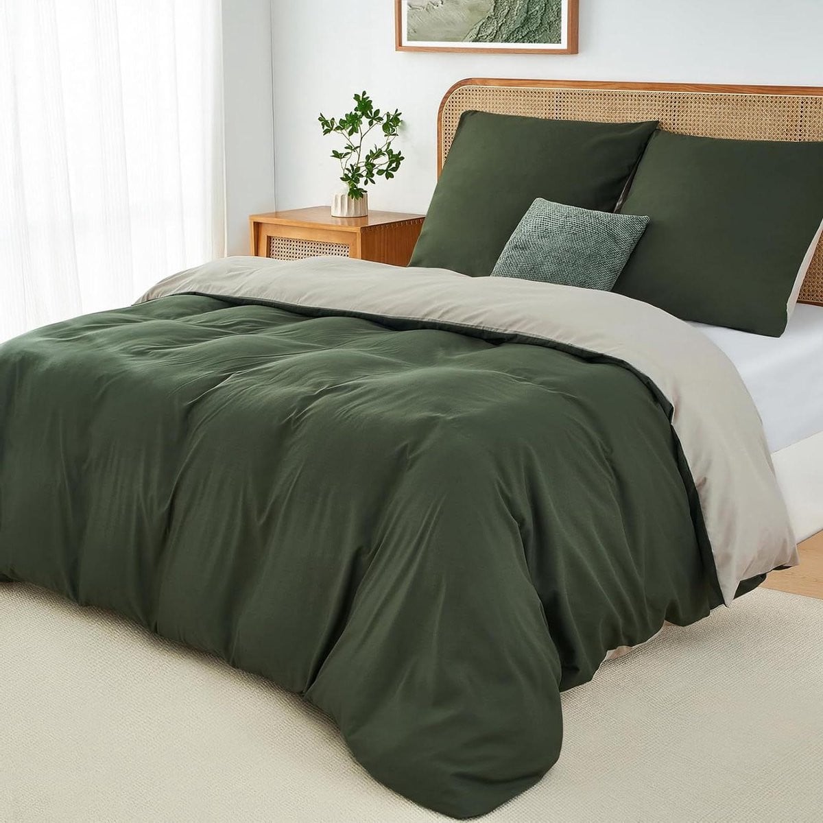 Omkeerbaar dekbedovertrekset in olijfgroen/beige met kussenslopen, 155 x 220 cm