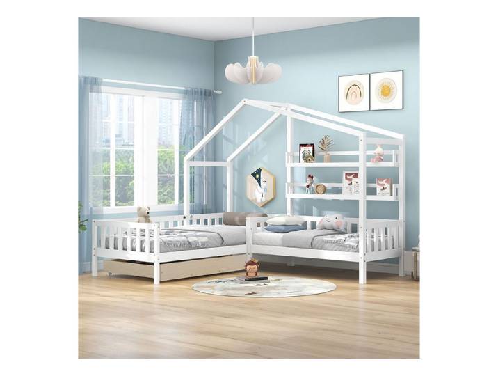 SeedWave Hausbett Kinderbett mit Schubladen und Regalen,Zwei Betten(200x90cm/140x70cm), Dachkonstruktion,Eck-L-förmiges Bett Design,Massivholzrahmen