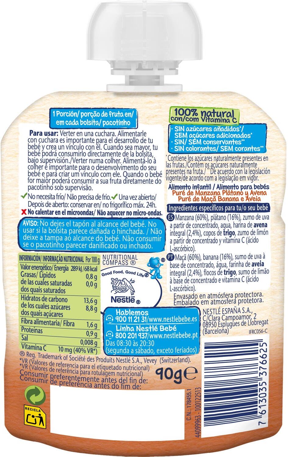 NATURNES Nestle Manzana Plátano y Avena 90 g