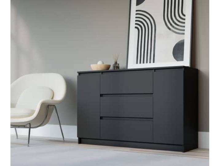 3xE Living Kommode 140 cm, 3 Schubladen, 2 Türen, Schwarz, 140 x 39 x 78 cm