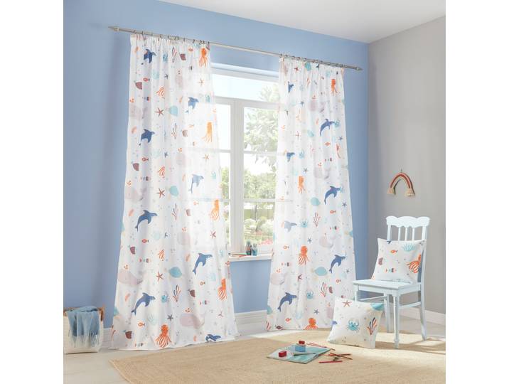 Gardine GOODPRODUCT OCEAN, 1 Stück, Kräuselband, halbtransparent, Meer- und Tiermotiv Gr. 1, weiss (blanc), B:135cm H:145cm, Baumwolle, Polyester, Gardinen, Gardine, Kindergardine, mit Meeresmotiven einseitig bedruckt, Tiere