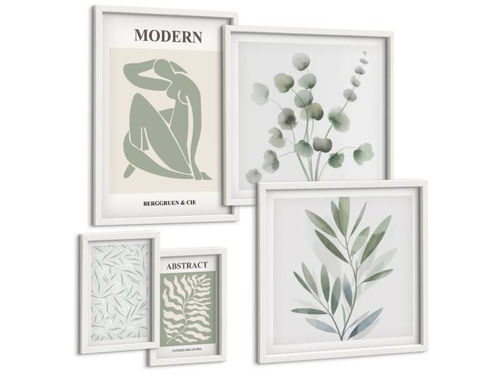 BILDER SET 5er Set - 50x50 cm & 20x30 cm & 40x60 cm Weißer Rahmen - Matisse entwirft Boho-Pflanzen