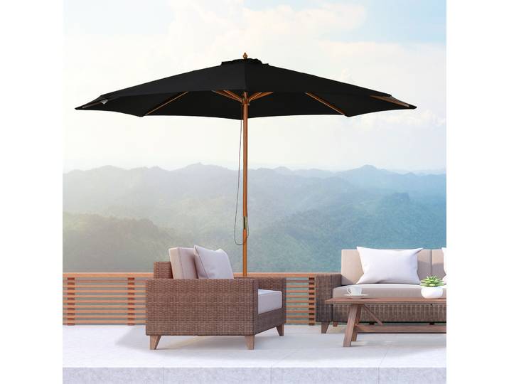 Outsunny Parasol en bois 300 cm Parasol en bambou pour jardin/terrasse/balcon - Noir