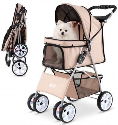 Costway 4 Wheel Pet Stroller for Small Dogs Cats up to 33 LBS-Beige