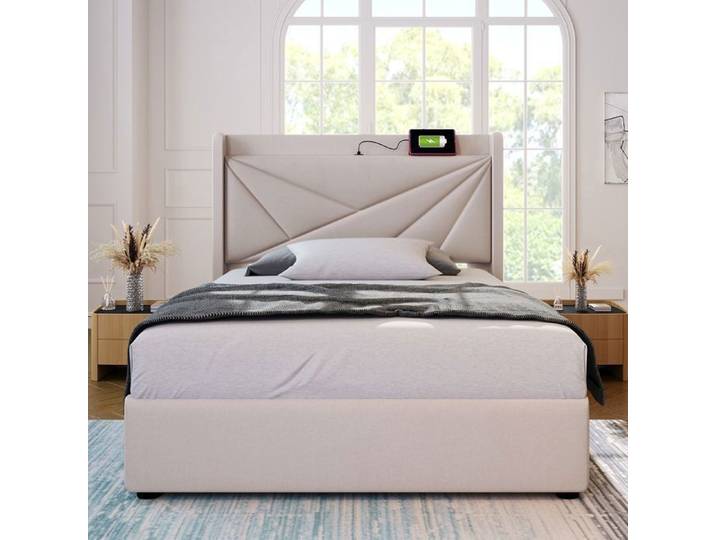 Lit coffre 90x200 cm - SWEIKO - Lit rembourré Lit de rangement avec fonction de chargement USB - Beige