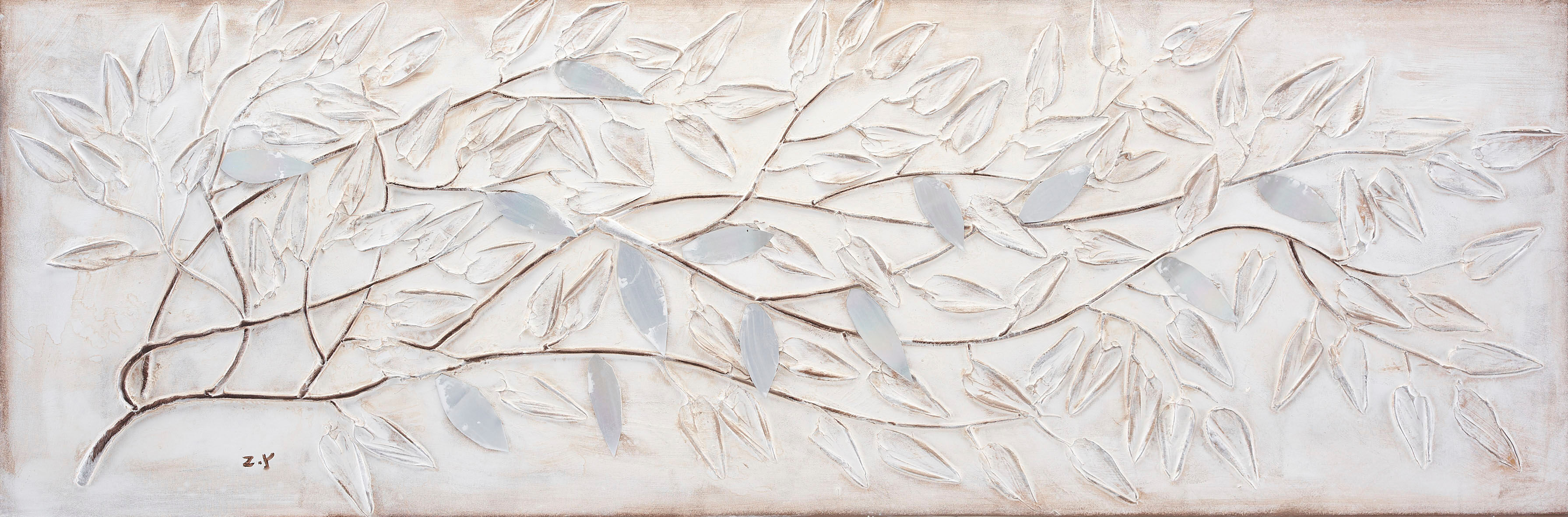Ölgemälde BÖNNINGHOFF "handarbeit ZWEIGE 40x120 cm – Wandbild Kunst Deko modern", beige (farbe rahmen: kein rahmen, farbe bild(er): weiß, silber), B:120cm H:40cm T:2,1cm, Acrylfarbe, Canvas, Holz, Bilder, Ölgemälde, handgefertigt, jedes Bild ein Unikat fa