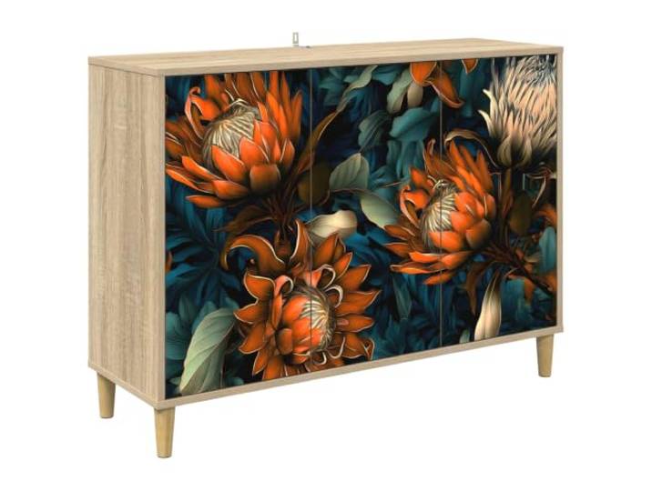 Foknhdi Sideboard Sonoma Kommode mit 3 Türen 102x33x75cm LOCHEM Ideale Aufbewahrung für Esszimmer und Flur, elegante Musterfront mit 3 Türen und stabilen Füßen für gute Luftzirkulation.