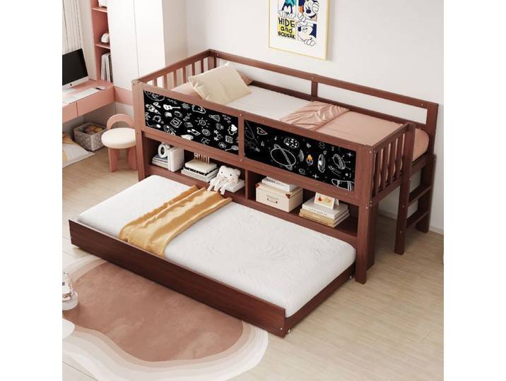 Lit maison enfant 90x200 cm– Lit gigogne tableau graffiti rangement échelle d'escalade – Sans matelas