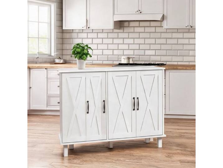Buffet bas blanc style campagne 4 portes 120 cm avec étagères réglables