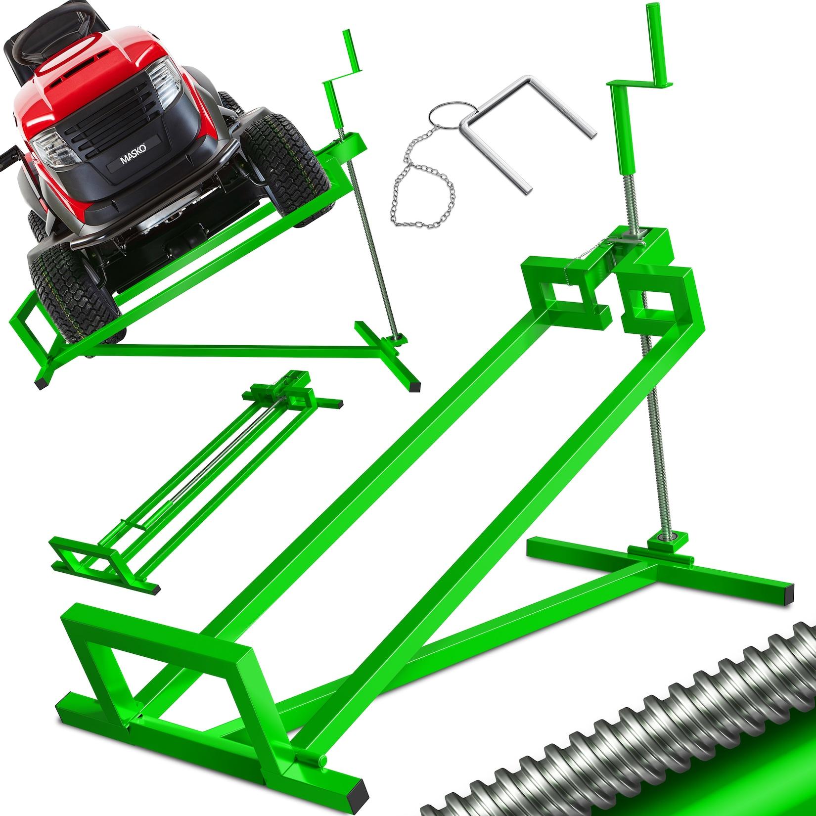 MASKO® XXL Rasentraktorheber 450 kg Hebevorrichtung Hebebühne Aufsitzmäher – Rasentraktor Heber, 45° verstellbar, universal Reinigungshilfe mit Zubehör & Adapter (je nach Wahl)
