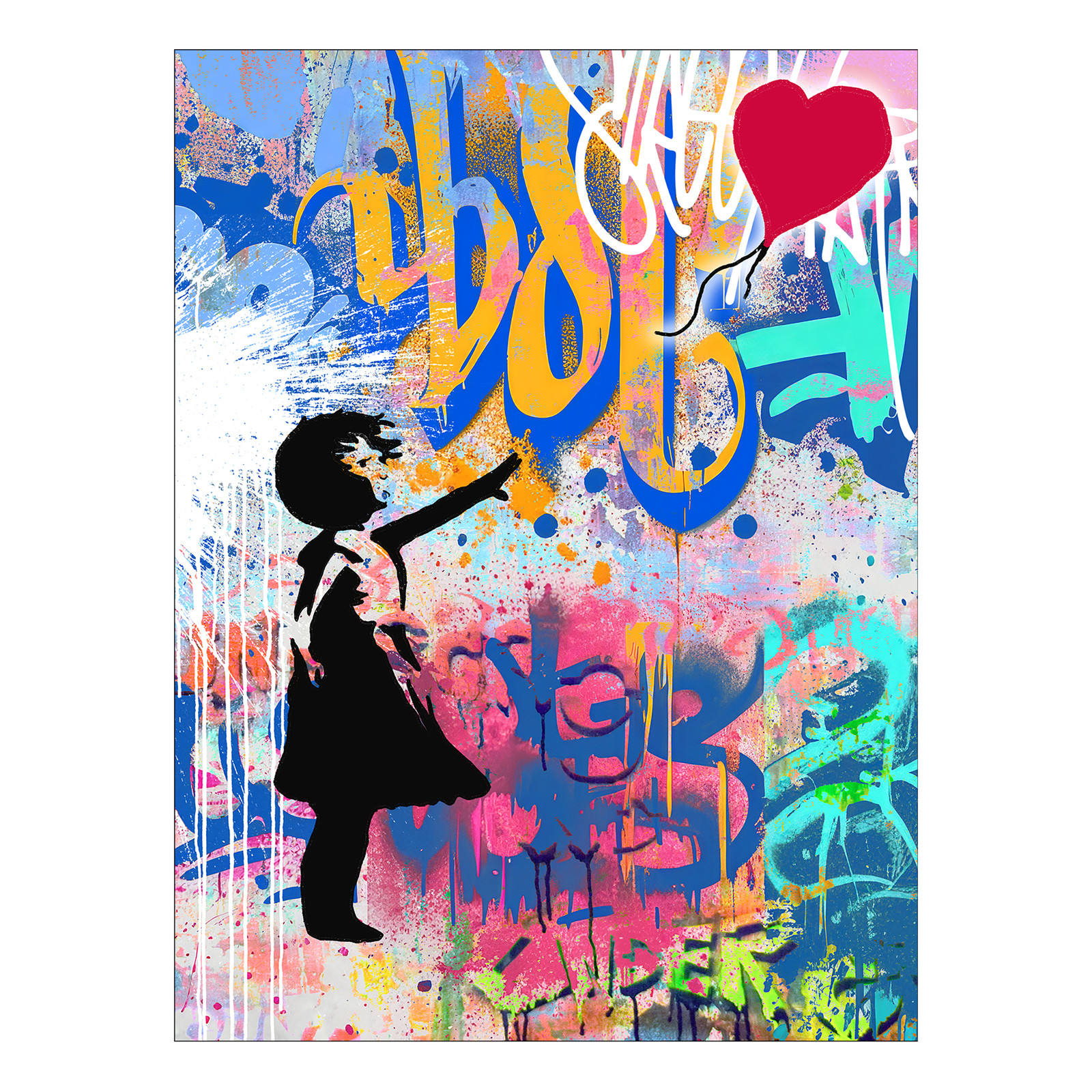 home24 Graffiti Red Balloon Canvas Wanddecoratie - Blauw/Geel/Turquoise - 57 x 77 x 2 cm