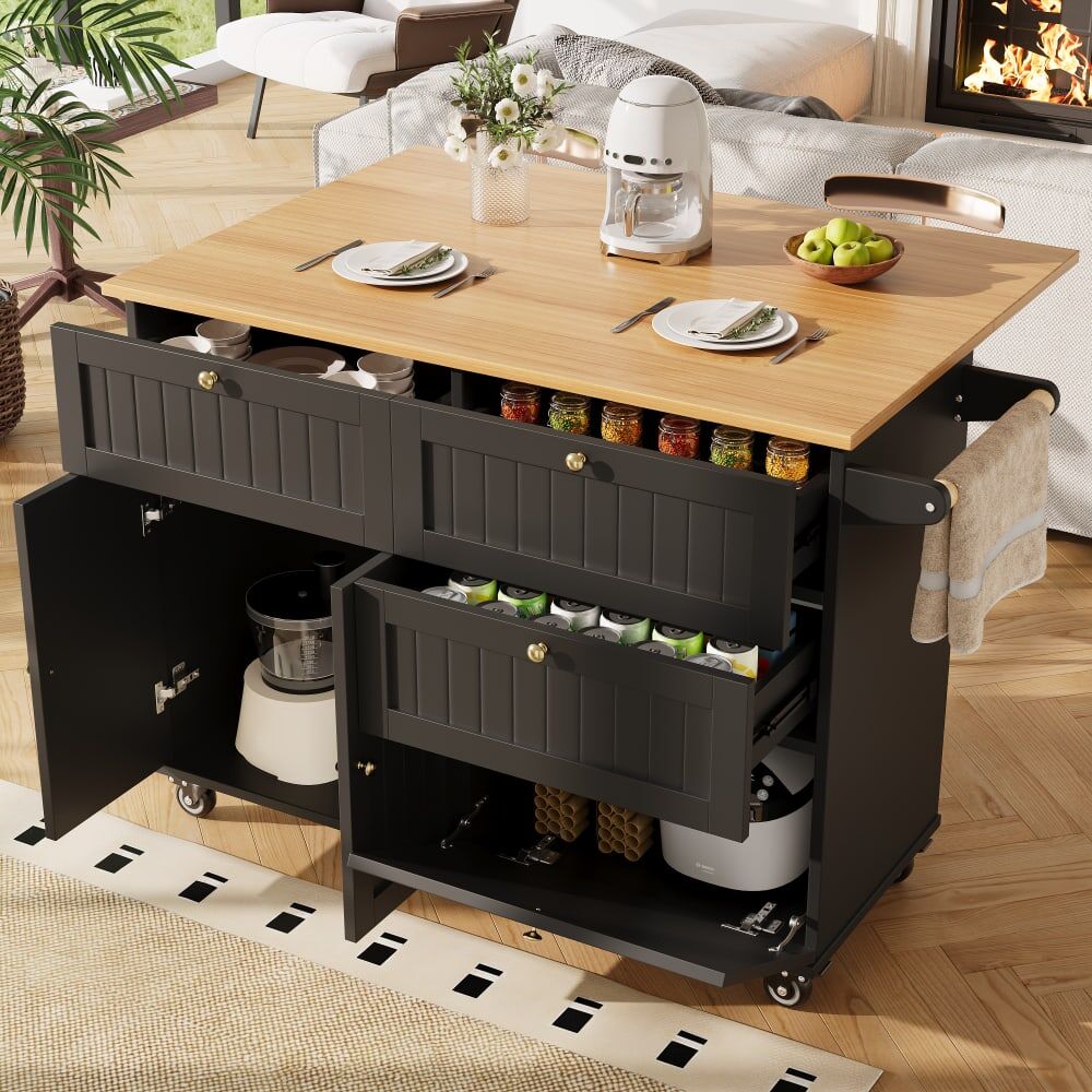 Urban Meuble Chariots de cusisine noire extensible scandinaveen MDF avec roulettes Noir 133x88x70cm
