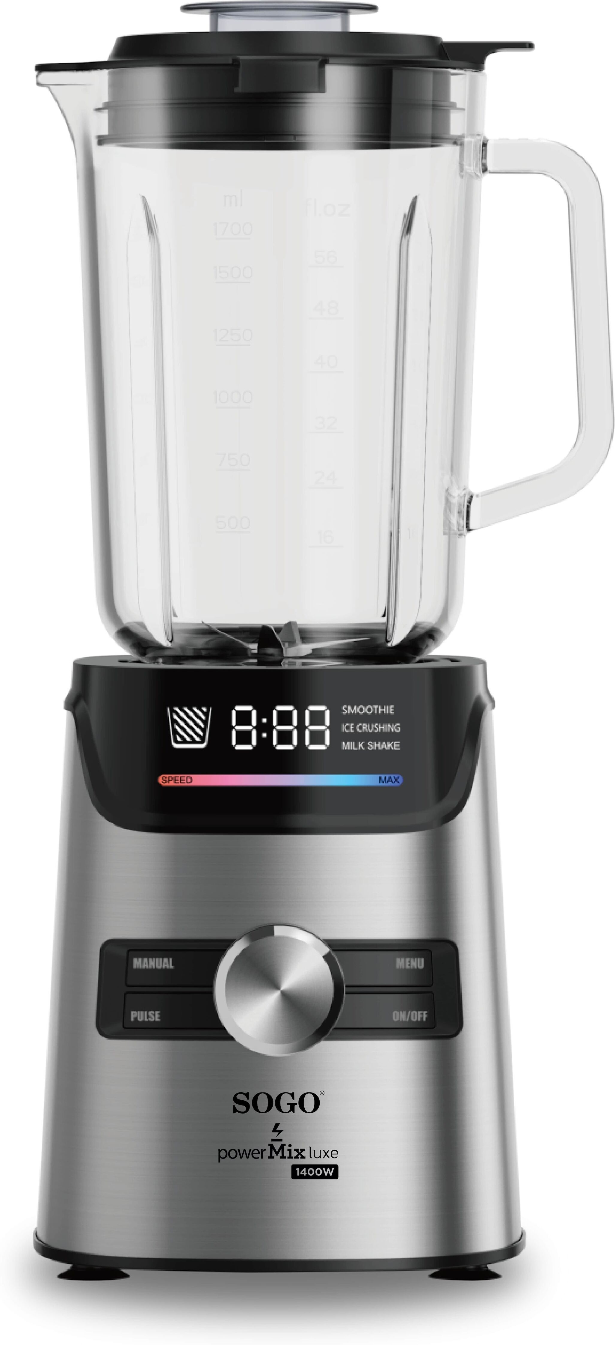 Sogo Batidora de vaso con 6 velocidades función Pulse 1400W. Acero / Negro