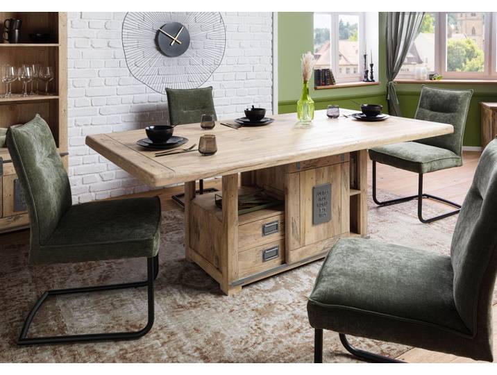 Table de salle à manger en bois de manguier 200x100x76, vernis beige, RAILWAY #398