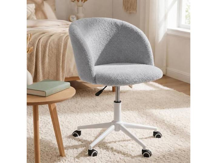 SUPFINE Chaise de Bureau Chaise Coiffeuse en Tissu Peluche Hauteur Réglable Capacité de charge 100 kg Fauteuil Pivotant Gris
