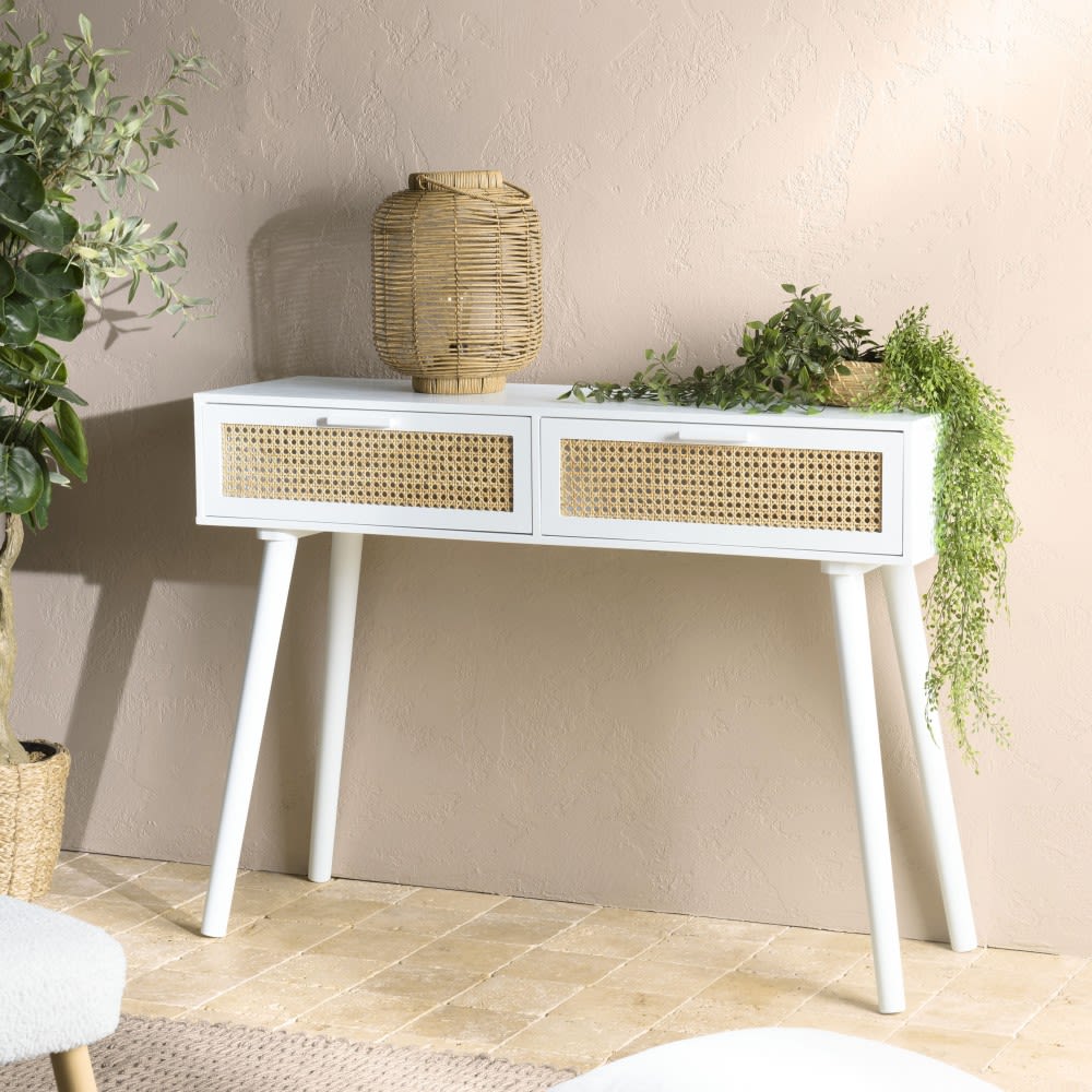 MACABANE Console blanche 2 tiroirs cannage naturel Blanc 110x81x33cm