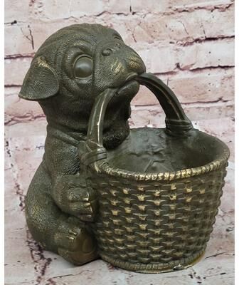 Bronzhaus Bronze Pug Puppy Holding Woven Basket – Dog Figurine