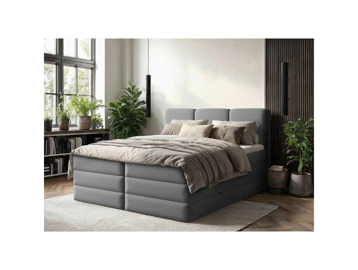 Boxspringbett, Anthrazit, 180x200 cm, Holz, Bettkasten & Gepolstertes Kopfteil, MID.YOU