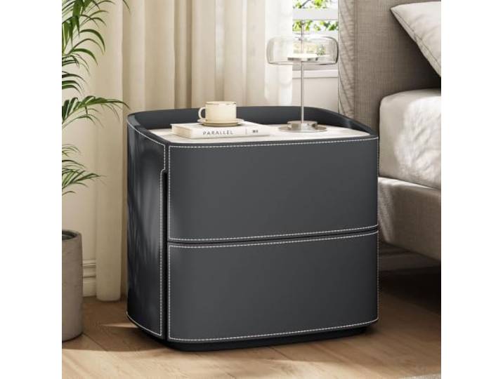 Moderner Nachttisch 2 Schubladen Schlichter Beistelltisch Rahmen aus Massivholz Leder Wohnaccessoires Komplett montiert(Dark gray,40cm/16in)