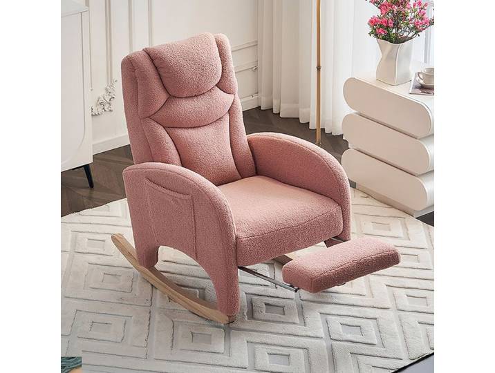 Fauteuil à bascule Fauteuil relax rembourré tissu Teddy rose pour salon chambre