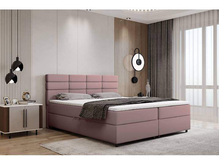 Panda Möbel - Reve Boxspringbett 180x200 cm, kontinentales Doppelbett mit hochwertiger Matratze, Topper und Bettkasten - komfortabel, modern - rosa