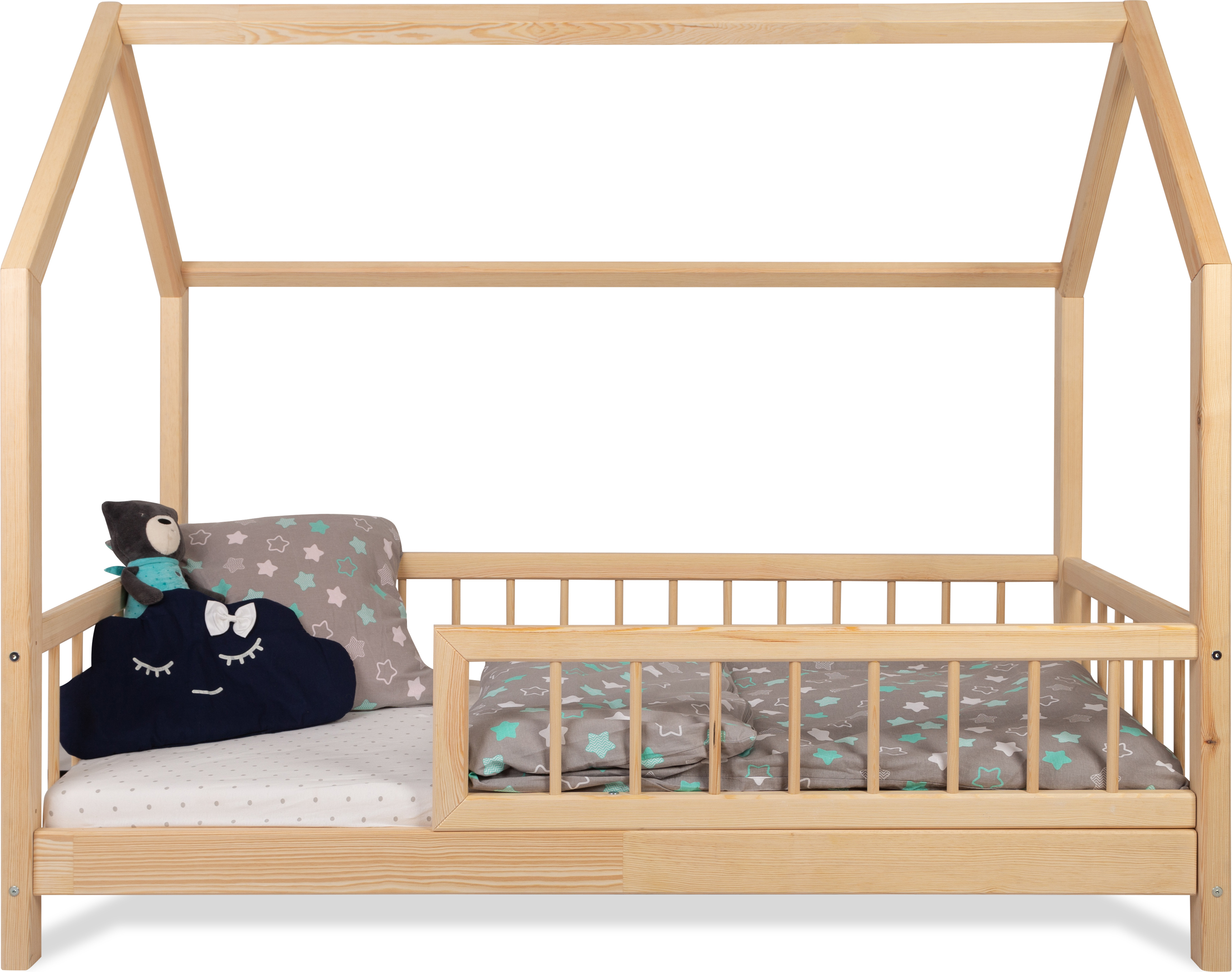 Kinderbett Bett Hausbett mit Rausfallschutz 90x180cm Latternost Bettgestell aus Kiefer Holz für Haus Kinder Jungen & Mädchen - Holzbett Baby Kinderzimmer Junge Deko