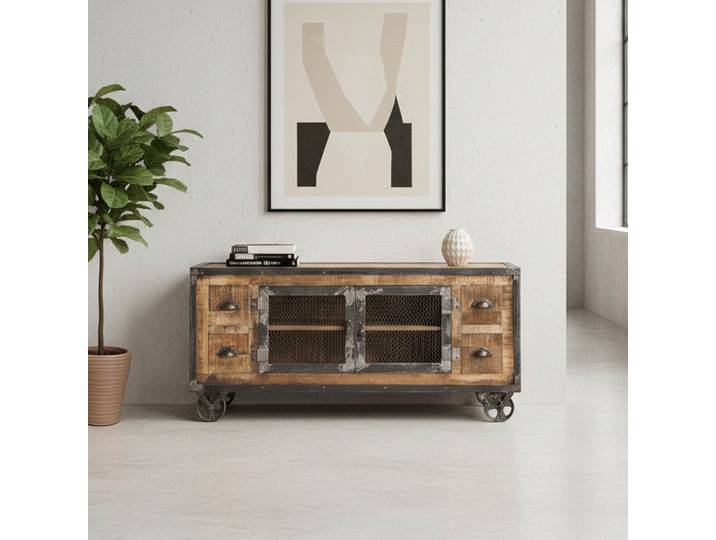 Meuble TV industriel 4 tiroirs finition antique