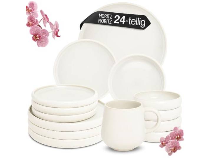 Moritz & Moritz Steingut Geschirrset 6 Personen mit Tassen Creme 24-teilig - Mikrowellen- & Spülmaschinenfest - Steingut Geschirr Set - Serie Solid Uni