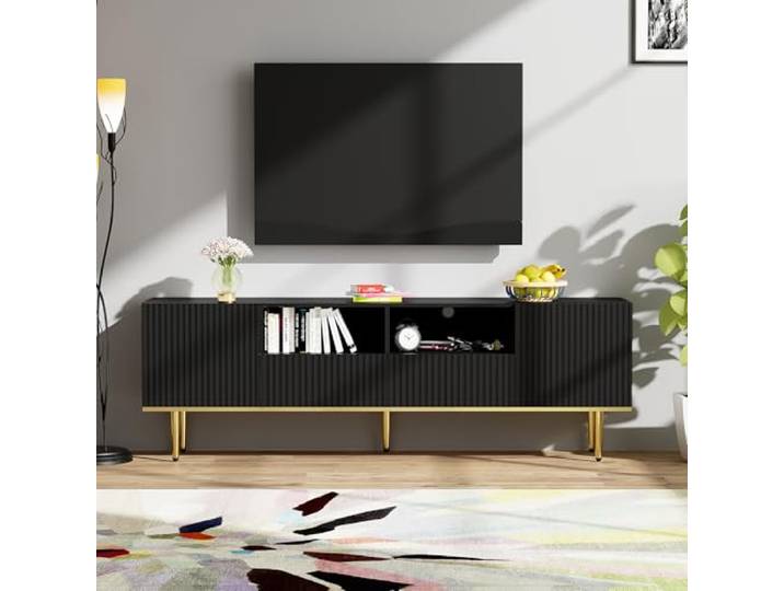 Merax TV-Schrank 165x36x55 cm, modernes TV-Möbel mit goldenen Beinen und Zierleisten, 2 Schubladen & 2 Fächer, Elegantes Design, Schwarz