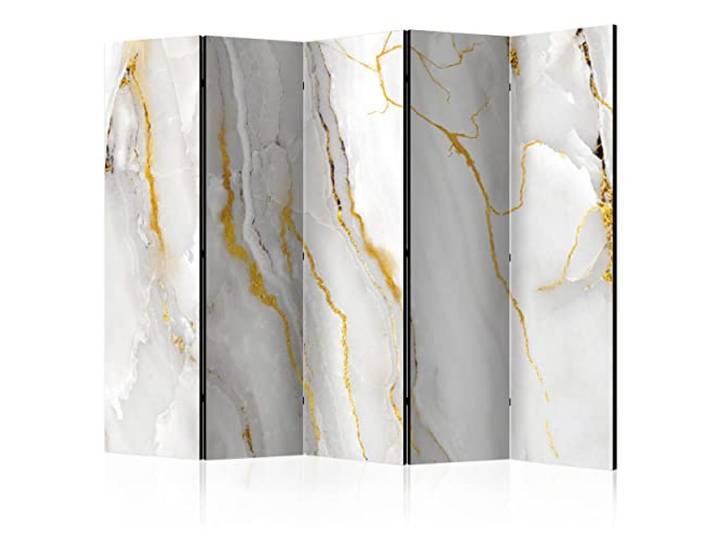 decomonkey Paravent Raumteiler Innen Stein, 225x172 cm, 5-teilig, Marmor Beidseitig, Wohnzimmer, Room Divider, Wall, Raumteiler Stehend, Trennwand, Sichtschutz, Spanische Wand, Sichtschutzwand, Holz