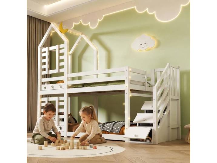 Lit Superposé Enfant 90x190 - Lit Cabane Enfant avec Escalier de Rangement - Lit Superposé 2 places - Pin massif