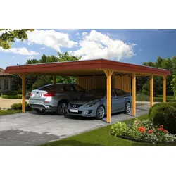 Skan Holz Walmdach Carport 630cm inkl. Abstellraum eiche rote Blende Holzcarport