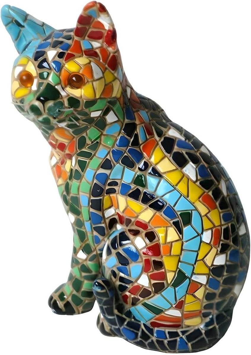 Handgeschilderd Mozaïek Kat Beeldje voor Decoratie, Multicolour, Hoogte: 15 cm
