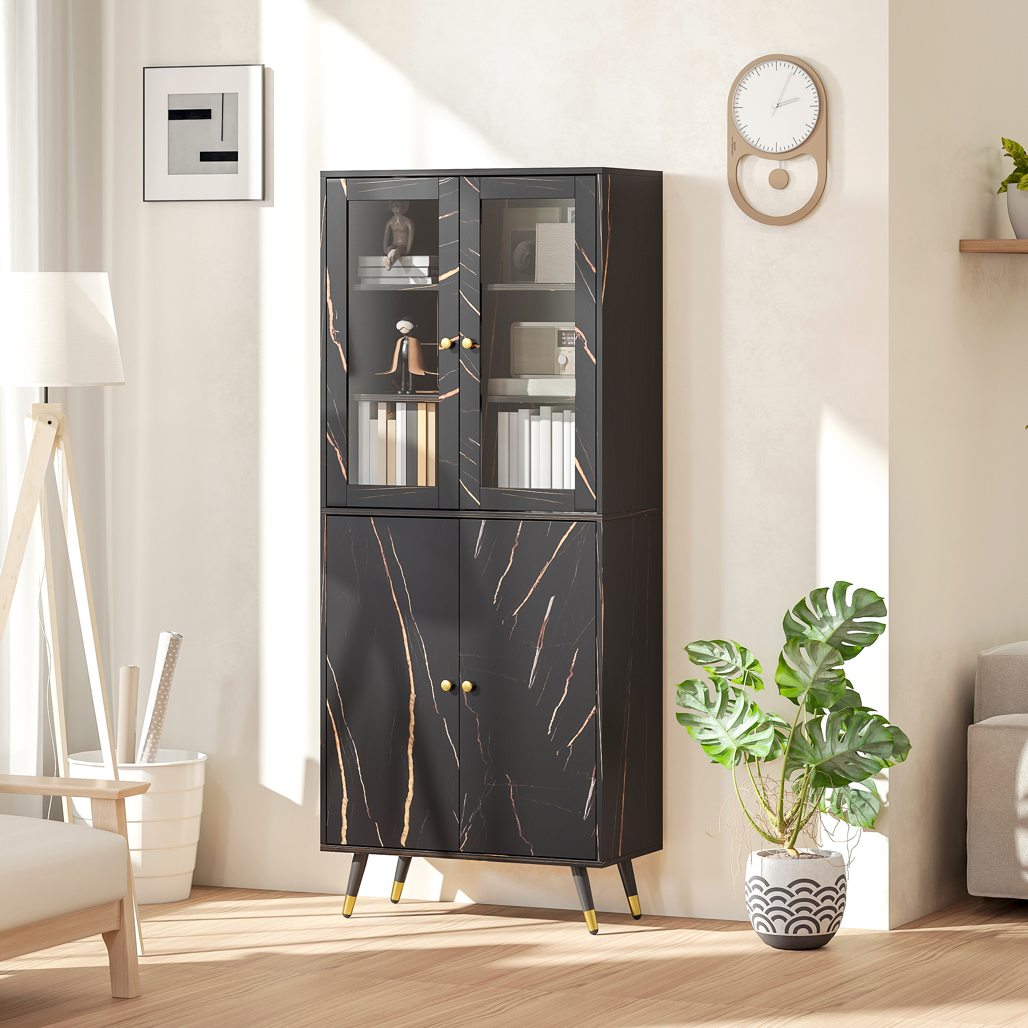 Homcom Libreria con scaffale a 6 livelli, mobile contenitore con anta vetrata e armadietto, 70x35x170 cm, nero   Aosom Italy