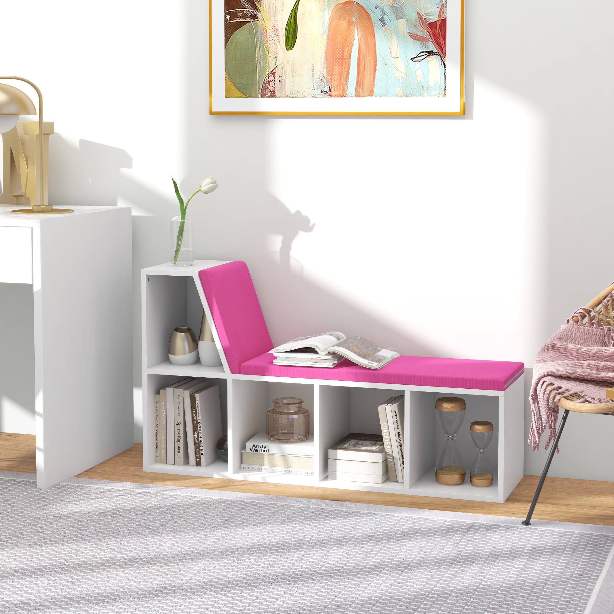 Homcom Libreria con Seduta Imbottita e 5 Scomparti, 108x30x60 cm, Bianco e Rosa   Aosom Italy