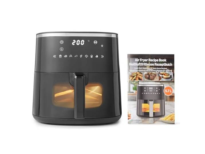 Amazon Basics 5,7-Liter-Heißluftfritteuse mit Sichtfenster, 8 voreingestellte Menüs, 60°C–200°C, 1750W, Air Fryer für 4–6 Personen, Schwarz