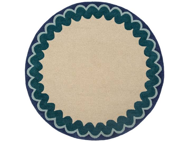 Tapis rond en laine beige à bordure bleue et verte 160x160cm