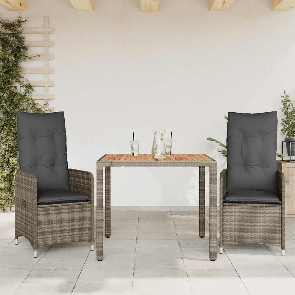 3-teiliges Garten-Bistro-Set aus grauem Poly-Rattan mit Kissen, verstellbaren Relaxsesseln und Tisch für Terrasse, Balkon und Garten
