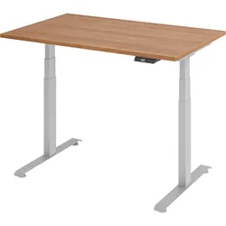 bümö höhenverstellbarer Schreibtisch 120 x 80 cm in Nussbaum, Gestell: silber - Stehschreibtisch mit 3-fach Speicher elektrisch höhenverstellbar,