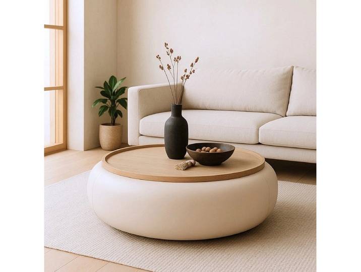LEVEN Lifestyle Couchtisch LOVANI Wohnzimmertisch Beige Rund mit Stauraum Ø 102 cm, abnehmbare Tischplatte Ø74 cm