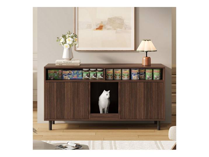 Celya Sideboard Katzentoiletten-Schrank/Katzenstreuwanne-Schrank mit Sandauffangmatte (ohne Katzenstreuwanne, 120x50x66cm, Nussbaumfarbe), Haustier-Schrank mit Ablage, Haustier-Sideboard/TV-Schrank