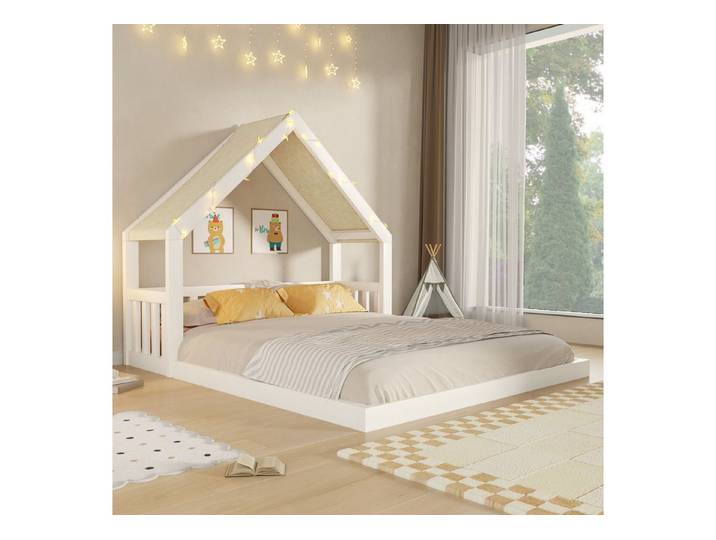 Odikalo Hausbett Kinderbett Jugendbett Holzbett mit Hausform Stoffdach Lichterkette (140x200cm Bettgestell Einzelbett mit Gemütliches Stoffdach mit Lichterkette Holzkonstruktion(ohne Matratze)