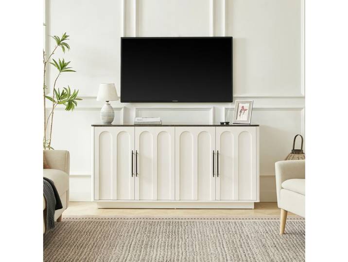 MEUBLIV Buffet 160 cm 4 portes MDF blanc et noir façade en arche soft-close anti-basculement