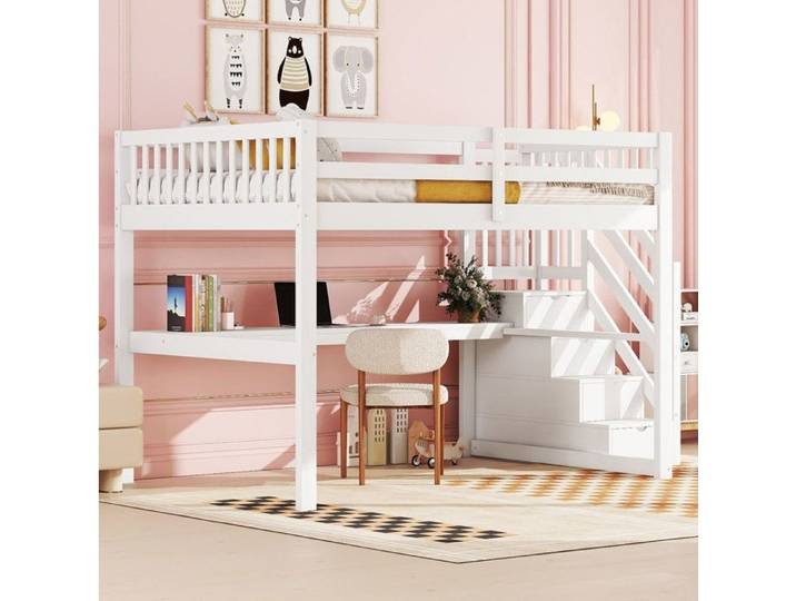 ROVRYN Lit mezzanine enfant 140 x 200 cm blanc avec bureau rangements pin et MDF